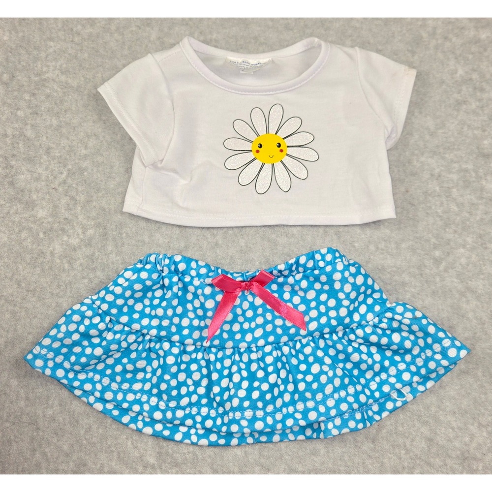 Build A Bear Workshop Daisy T-Shirt and Blue Polka Dot Ruffle Skirt Outfit Set